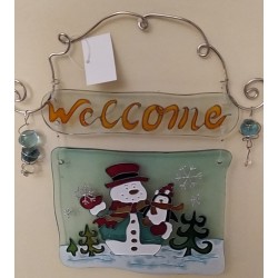 Χριστουγεννιάτικο \"Welcome\" γυάλινο με χιονάνθρωπο 24Χ24εκ JK collection 32276