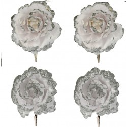 Λουλούδι λευκό με ασημί γκλίτερ σετ/4 με κλιπ 11Χ11Χ 15εκ JK Home Decoration 962769