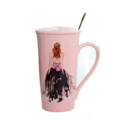 Κούπα πορσελάνης ροζ με καπάκι και κουτάλι "Μαύρο Φόρεμα" 15εκ tk-97/1
