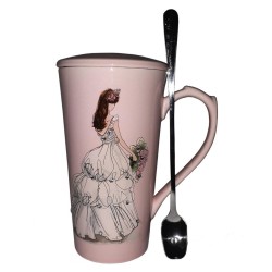 Κούπα πορσελάνης ροζ με καπάκι και κουτάλι "Λευκό Φόρεμα" 15εκ tk-97b