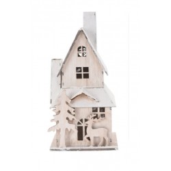 Σπιτάκι ξύλινο λευκό φωτιζόμενο χιονισμένο 13x13x28εκ JK Home Decoration 355086B