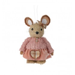 Ποντικάκι χόρτινο κορίτσι με ροζ ρούχα 10x8x17εκ JK Home Decoration 400794d
