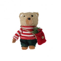 Αρκουδάκι χόρτινο αγόρι με πράσινα/κόκκινα ρούχα 10x8x17εκ JK Home Decoration 324403d