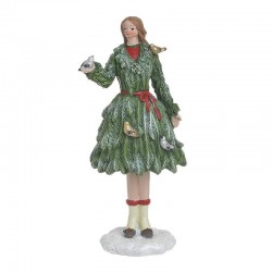 Φιγούρα γυναικεία XMAS resin πράσινο φόρεμα δέντρο με πουλιά 11x9x23εκ INART 2-70-922-0028