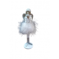 Άγγελος polyresin λευκός/ασημί με πουπουλένιο φόρεμα 10x24εκ ESPIEL MT4224