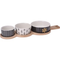 JK Home Décor - Βαση Ξύλινη 3Μπωλ Κεραμικά 35x12x4.5cm 359184