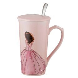 Κούπα πορσελάνης ροζ με καπάκι και κουτάλι "Ροζ Φόρεμα" 15εκ tk-97c