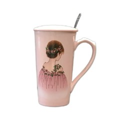 Κούπα πορσελάνης ροζ με καπάκι και κουτάλι "Ροζ Φόρεμα" 15εκ tk-97d